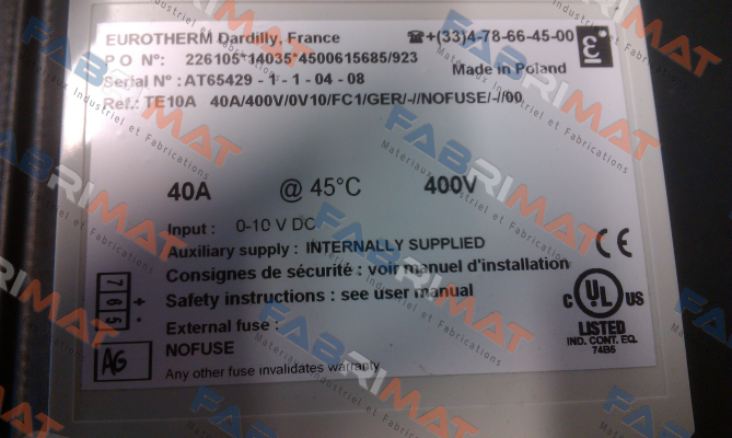 TE10A 40A/400V/0V10/FC1/GER/-//NOFUSE/-//00- no longer available, alternativ model EFIT/40A/400V/0V10/FC1/GER/SELF/XX/NOFUSE/-/ Eurotherm