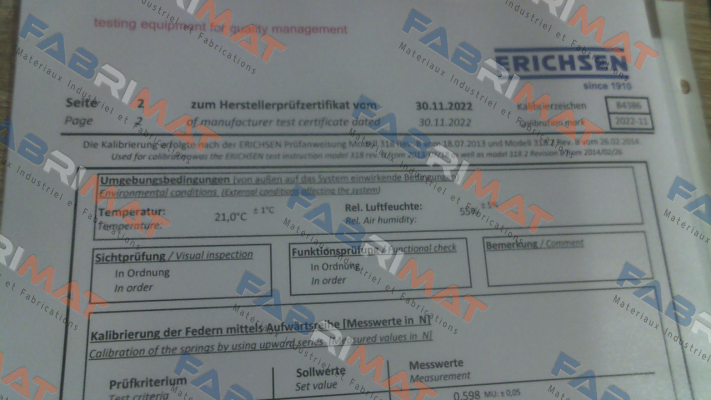 Calibration certificate for 00200131 Erichsen